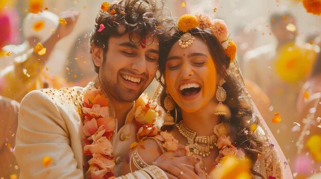 Indian wedding couple celebrating